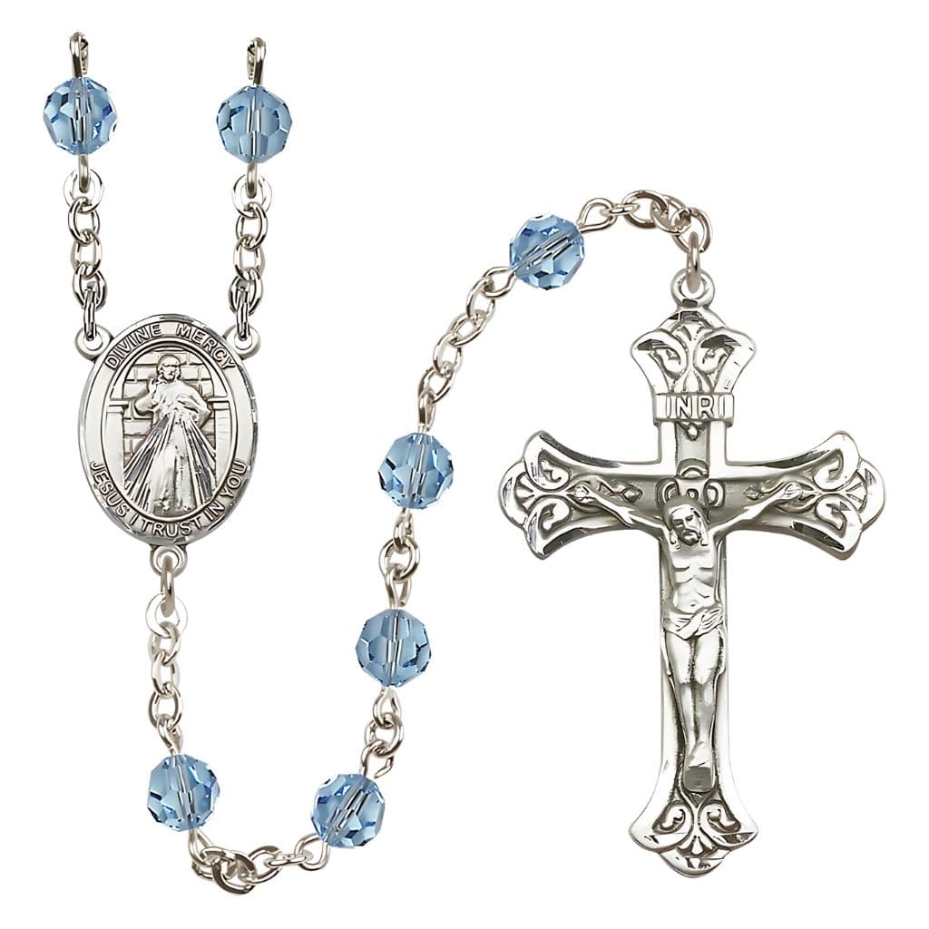 Bliss Jesus Divine Mercy Engravable Rosary with Sterling Silver Scroll Crucifix and Centerpiece, Birthstone 6mm Austrian Crystal Aqua Beads for March