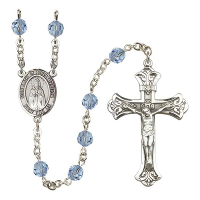 Our Lady of Rosa Mystica Rosary with Sterling Silver Scroll Crucifix and Centerpiece, Birthstone 6mm Austrian Crystal Aqua Beads for March
