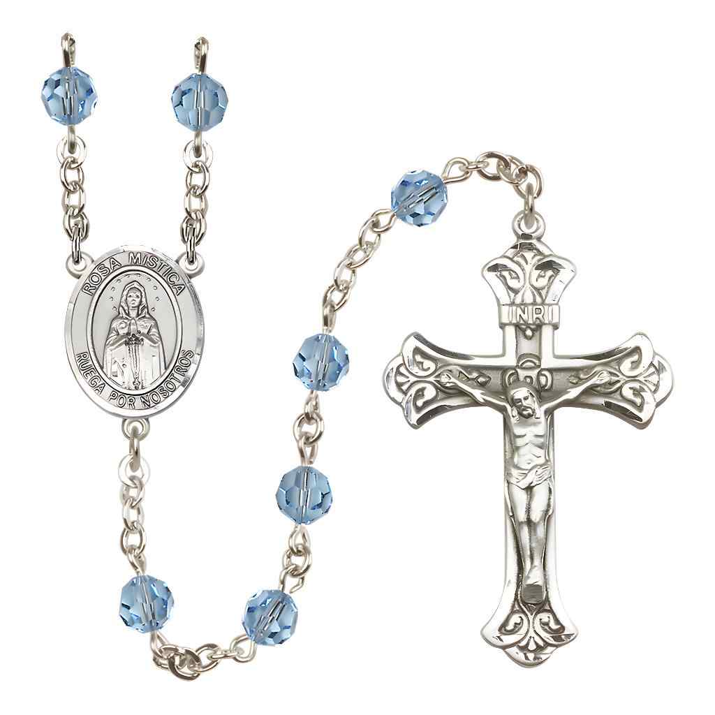 Spanish Rosa Mystica Rosary with Sterling Silver Scroll Crucifix and Centerpiece, Birthstone 6mm Austrian Crystal Aqua Beads for March