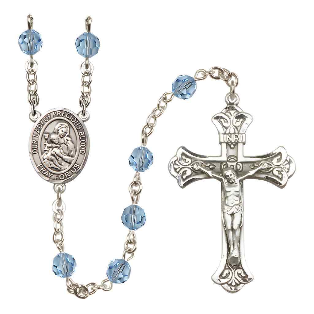 Our Lady of the Precious Blood Rosary with Sterling Silver Scroll Crucifix and Centerpiece, Birthstone 6mm Austrian Crystal Aqua Beads for March