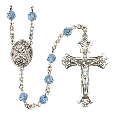 Our Lady of the Precious Blood Rosary with Sterling Silver Scroll Crucifix and Centerpiece, Birthstone 6mm Austrian Crystal Aqua Beads for March