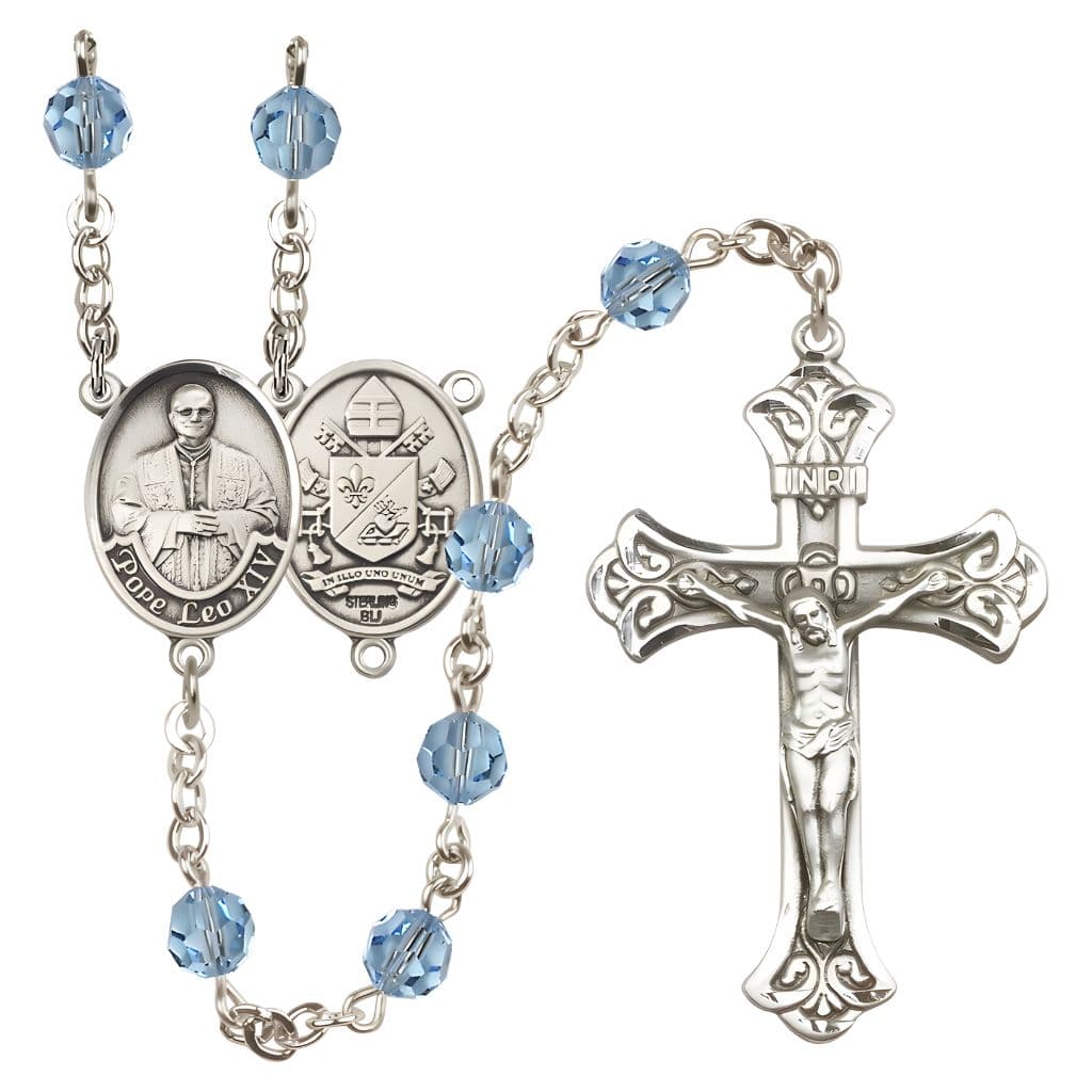 Bliss Pope Leo XIV Engravable Rosary with Sterling Silver Scallop Edge Crucifix and Centerpiece, Birthstone 6mm Austrian Crystal Aqua Beads for March