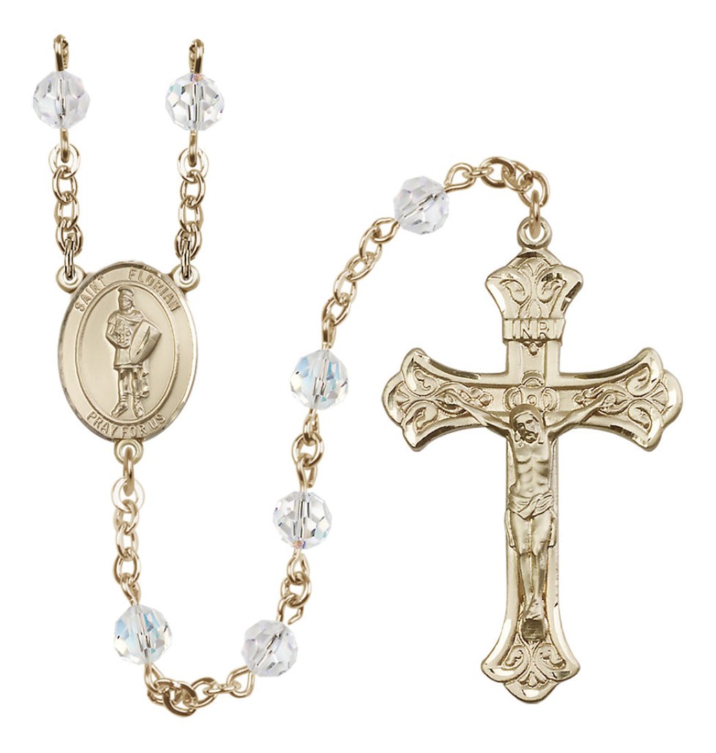 Bliss Manufacturing St Florian Gold-filled Flared Crucifix Birthstone Rosary in Crystal,