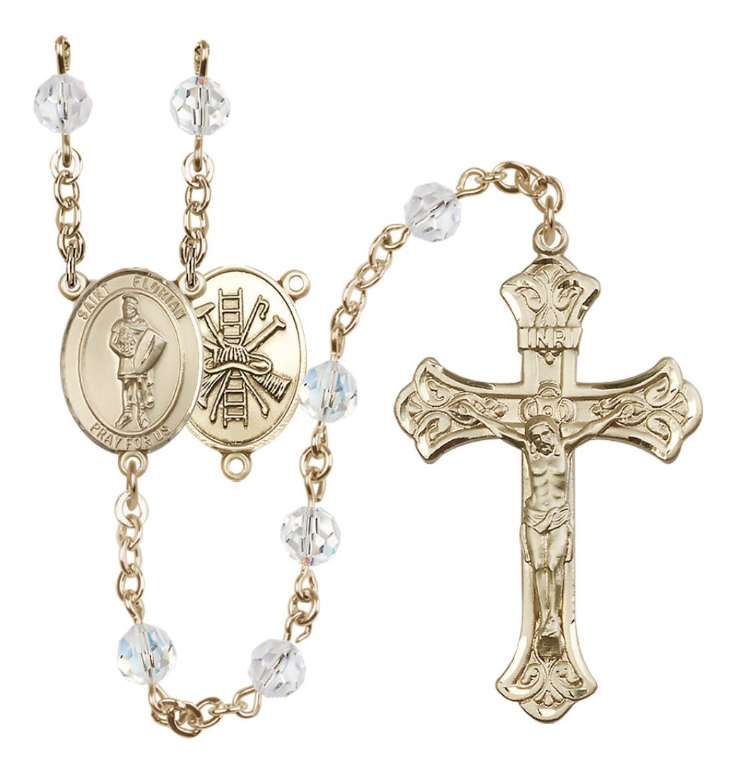 Bliss St Florian Firefighter Gold-filled Crystal Flared Crucifix Rosary in Crystal April Birthstone,