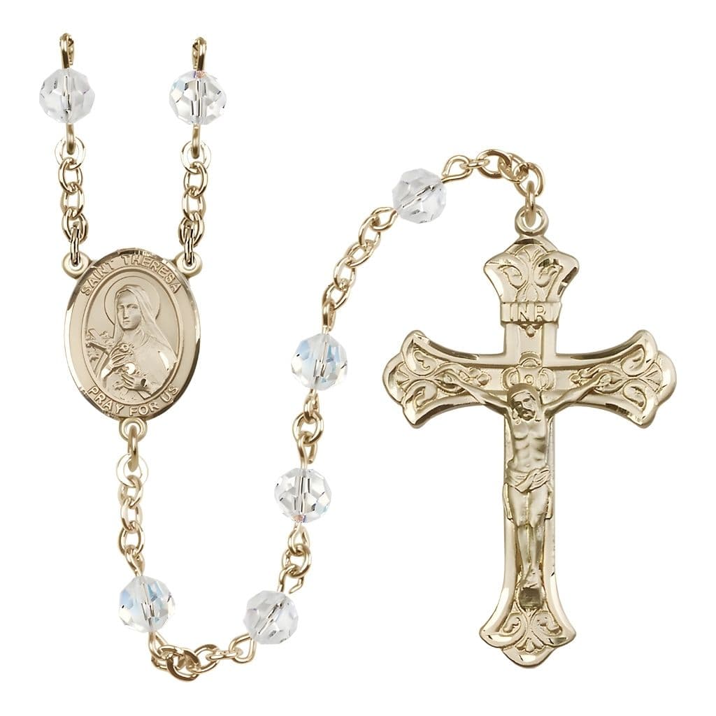 Bliss St. Theresa Clear 6mm Austrian Crystal April Birthstone 14kt Gold Rosary with Centerpiece and Scroll Design Crucifix