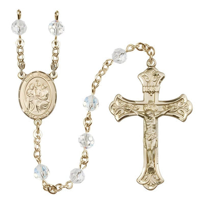 Holy Family Engravable Rosary with 14kt Gold-filled Crucifix and Centerpiece, Birthstone 6mm Austrian Crystal Clear Crystal Beads for April, Bliss Manufacturing