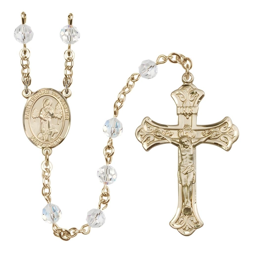 Bliss St. Isidore the Farmer Engravable Rosary with Gold-filled Scroll Crucifix and Centerpiece, Birthstone 6mm Austrian Crystal Clear Crystal Beads for April