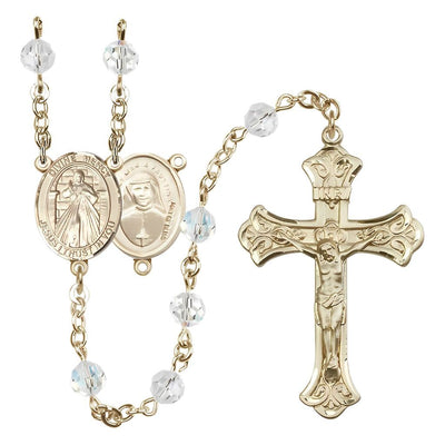 Jesus Divine Mercy Engravable Rosary with Gold-filled Scroll Design Crucifix and Centerpiece, Birthstone 6mm Austrian Crystal Clear Crystal Beads for April, Bliss Manufacturing