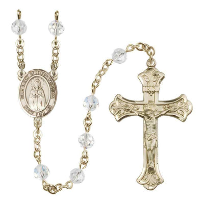 Our Lady of Rosa Mystica Rosary with Gold-filled Scroll Crucifix and Centerpiece, Birthstone 6mm Austrian Crystal Clear Crystal Beads for April