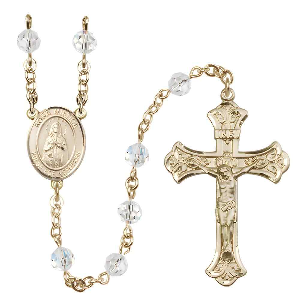 Rosa Mystica Rosary with Gold-filled Scroll Crucifix and Centerpiece, Birthstone 6mm Austrian Crystal Clear Crystal Beads for April
