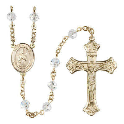 Rosa Mystica Rosary with Gold-filled Scroll Crucifix and Centerpiece, Birthstone 6mm Austrian Crystal Clear Crystal Beads for April