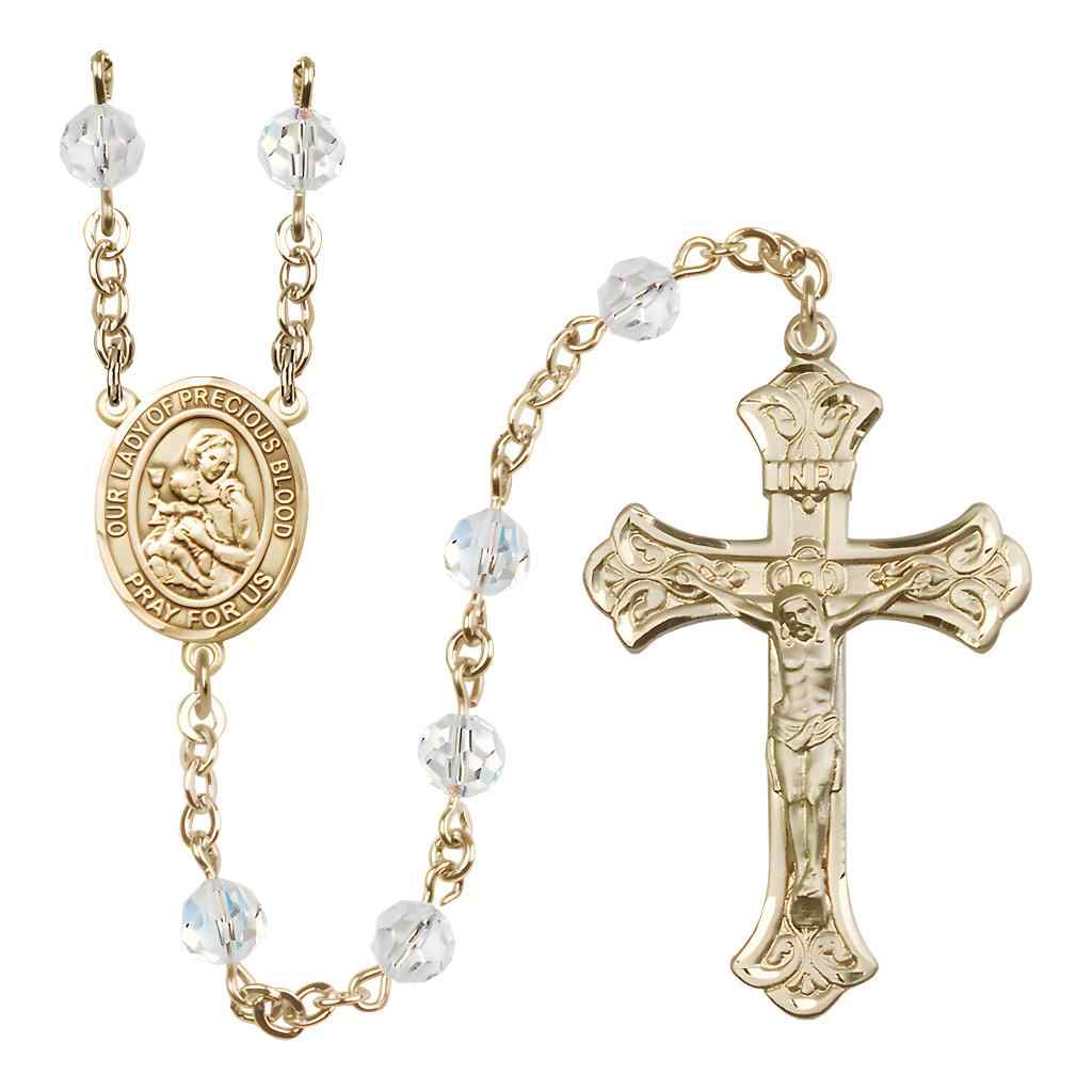 Our Lady of the Precious Blood Rosary with Gold-filled Scroll Crucifix and Centerpiece, Birthstone 6mm Austrian Crystal Clear Crystal Beads for April