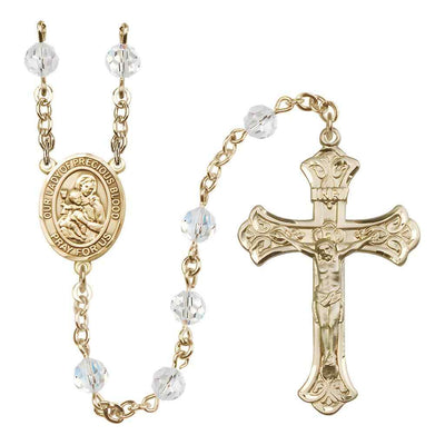 Our Lady of the Precious Blood Rosary with Gold-filled Scroll Crucifix and Centerpiece, Birthstone 6mm Austrian Crystal Clear Crystal Beads for April
