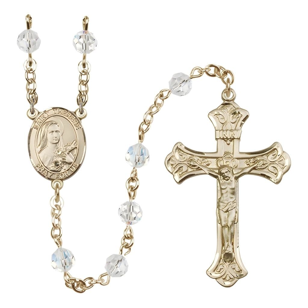 Bliss Gold-filled St. Therese of Lisieux Rosary with Birthstone 6mm Austrian Crystals in Clear