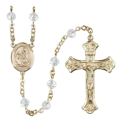 St. Catherine of Siena Engravable Rosary with 14kt Gold Crucifix and Centerpiece, Birthstone 6mm Austrian Crystal Clear Crystal Beads for April, Bliss Manufacturing