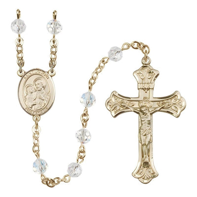 St. Joseph Rosary with 14kt Gold Scroll Crucifix and Centerpiece, Birthstone 6mm Austrian Crystal Clear Crystal Beads for April