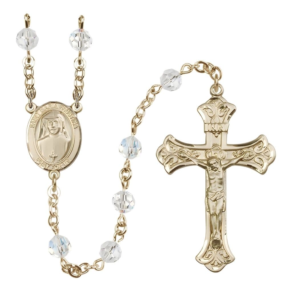 Bliss St. Maria Faustina 14kt Gold Birthstone 6mm Clear Engravable Rosary with Gold Centerpiece and Crucifix,