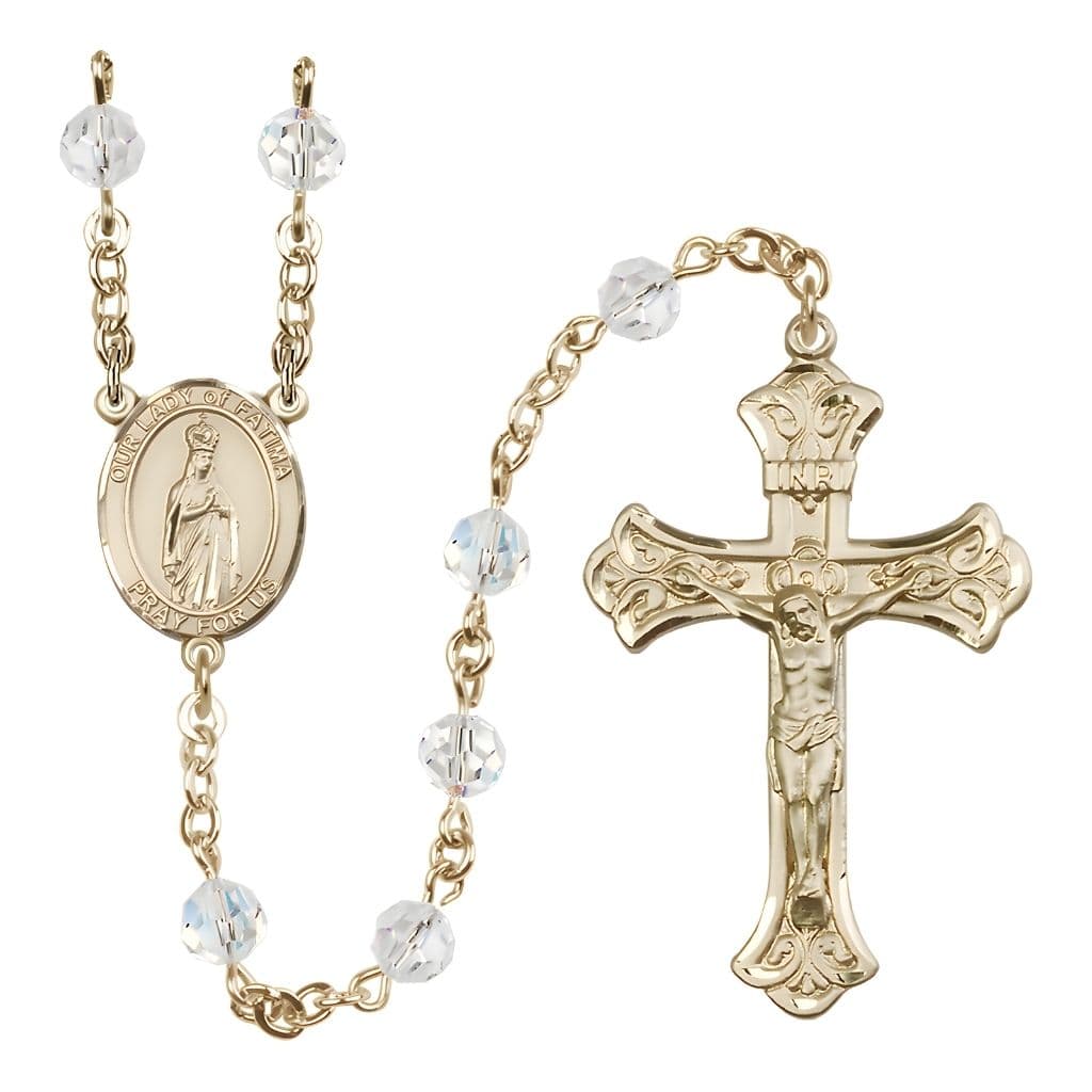 Bliss Our Lady of Fatima Engravable Rosary with 14kt Gold Crucifix and Centerpiece, Birthstone 6mm Austrian Crystal Clear Crystal Beads for April