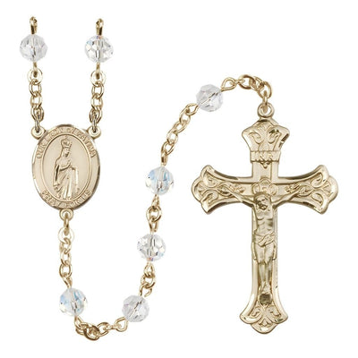 Our Lady of Fatima Engravable Rosary with 14kt Gold Crucifix and Centerpiece, Birthstone 6mm Austrian Crystal Clear Crystal Beads for April, Bliss Manufacturing