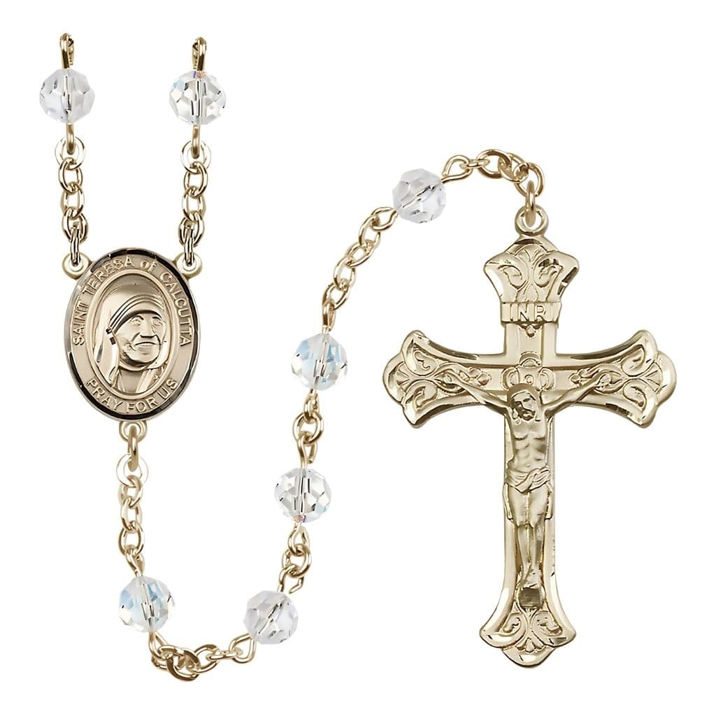 Bliss St. Teresa of Calcutta Crystal 14kt Gold Rosary with 6mm Clear Austrian crystal beads,