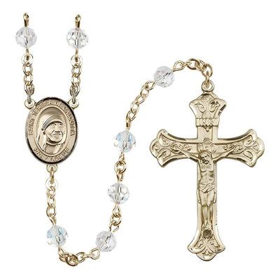 St. Teresa of Calcutta Crystal 14kt Gold Rosary with 6mm Clear Austrian crystal beads, Bliss Manufacturing