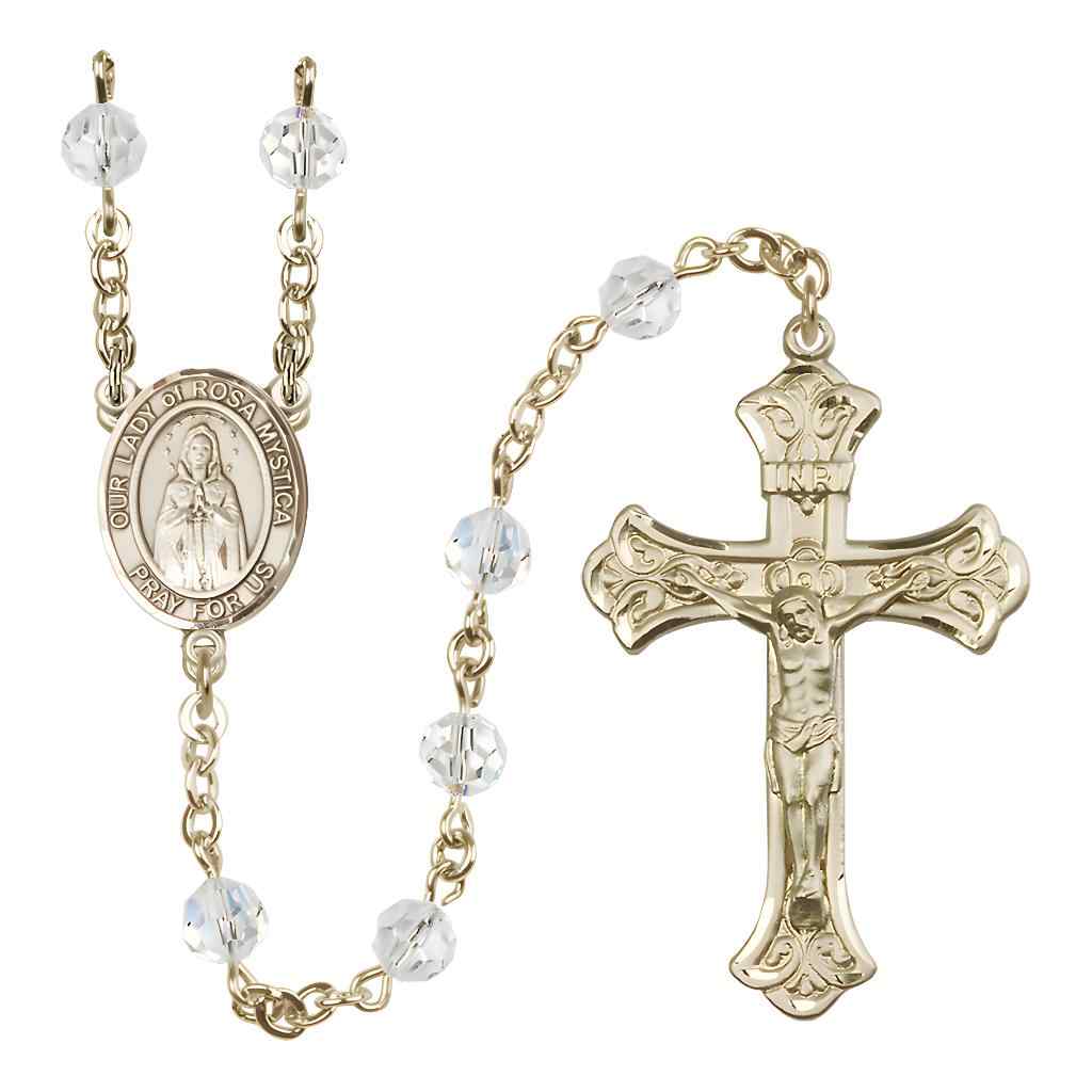 Our Lady of Rosa Mystica Rosary with 14kt Gold Scroll Crucifix and Centerpiece, Birthstone 6mm Austrian Crystal Clear Crystal Beads for April