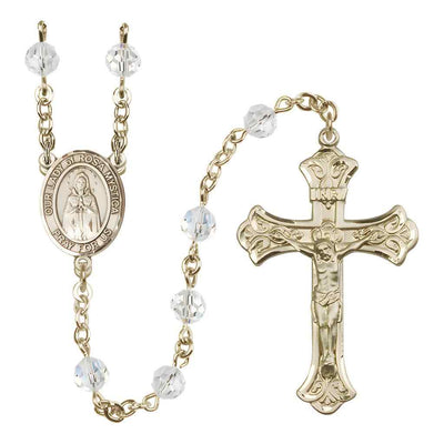 Our Lady of Rosa Mystica Rosary with 14kt Gold Scroll Crucifix and Centerpiece, Birthstone 6mm Austrian Crystal Clear Crystal Beads for April