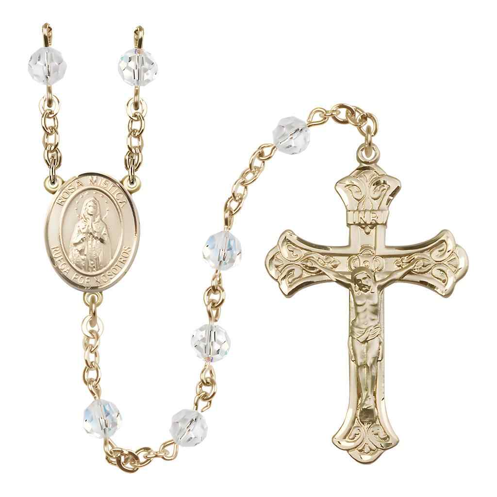 Rosa Mystica Rosary with 14kt Gold Scroll Crucifix and Centerpiece, Birthstone 6mm Austrian Crystal Clear Crystal Beads for April | Bliss Manufacturing