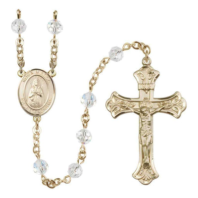 Rosa Mystica Rosary with 14kt Gold Scroll Crucifix and Centerpiece, Birthstone 6mm Austrian Crystal Clear Crystal Beads for April | Bliss Manufacturing