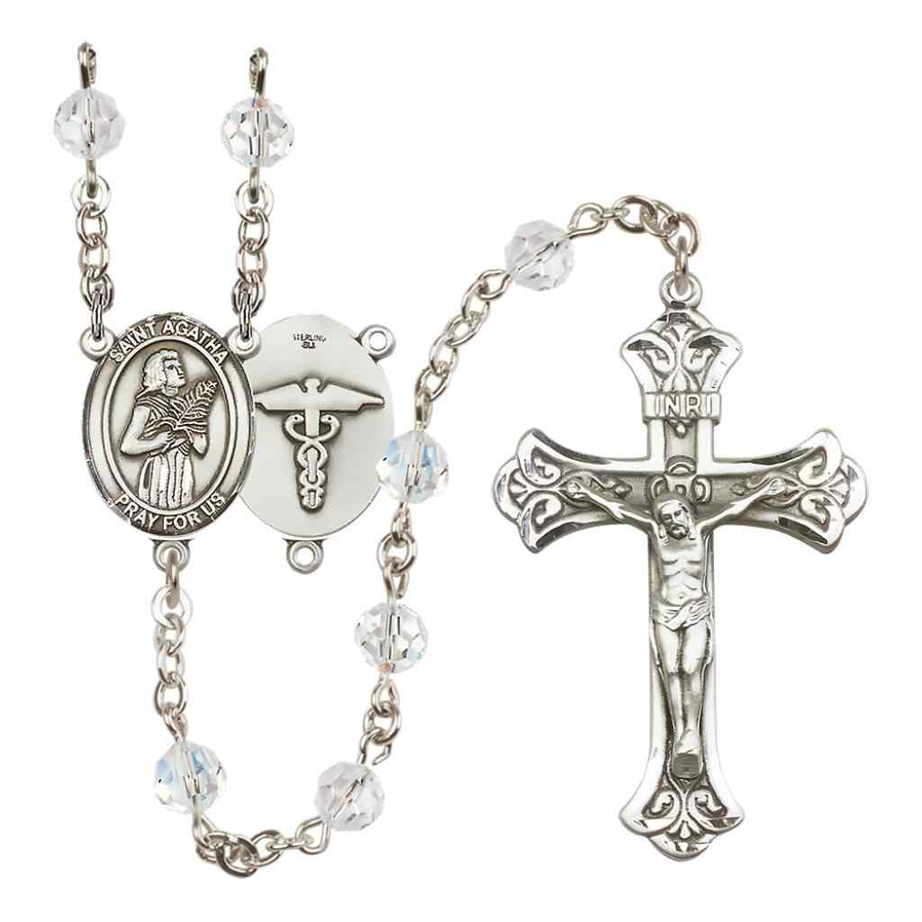 St. Agatha Nurse Sterling Silver 6mm Austrian Crystal Rosary