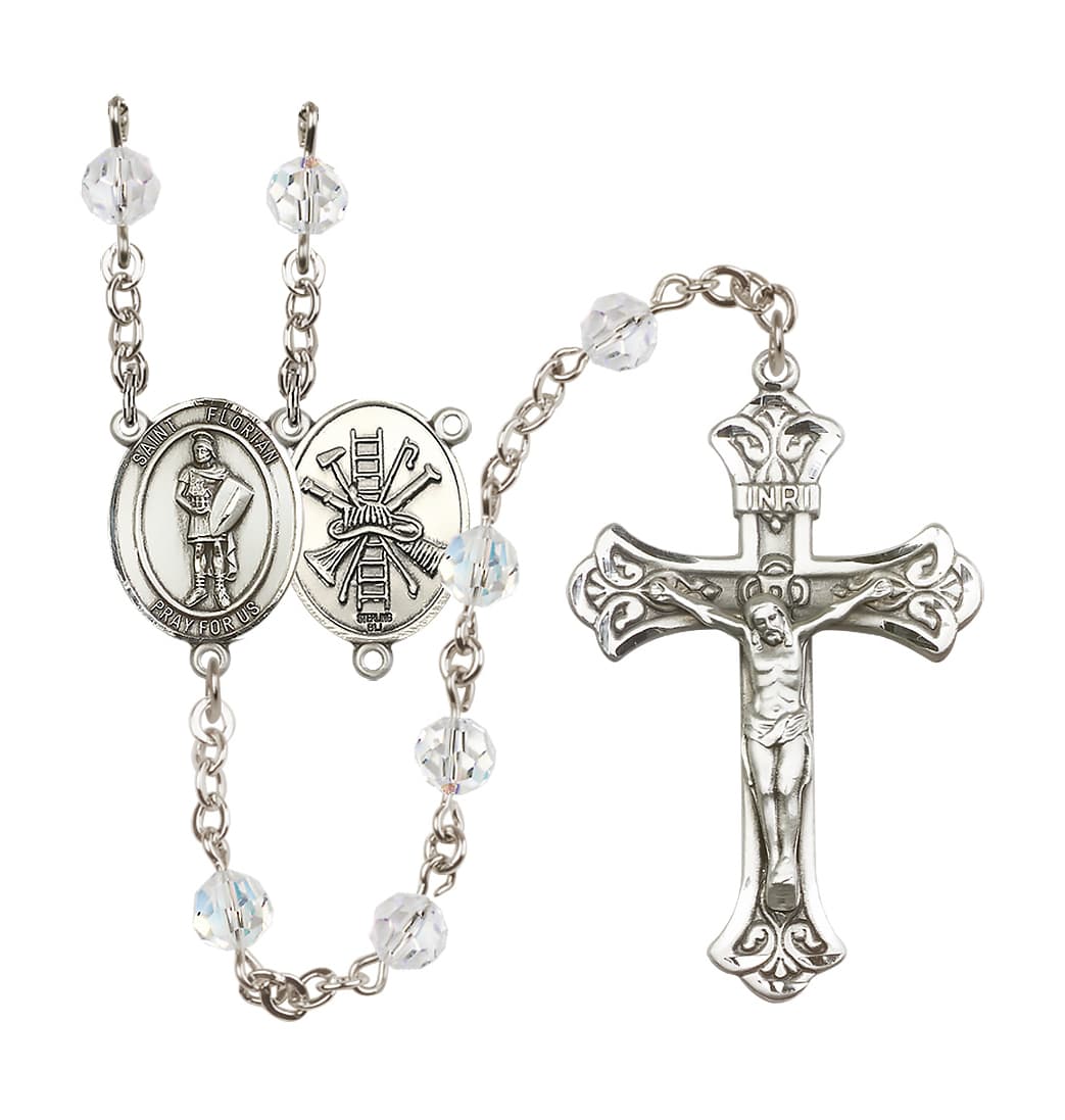 April Crystal Bliss Manufacturing St Florian Firefighter Sterling Silver Flared Crucifix Birthstone Rosary,