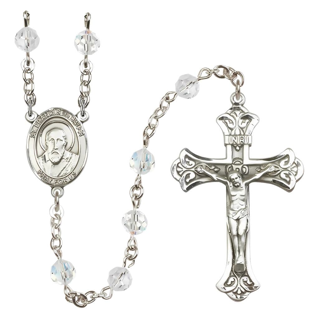 Bliss St. Francis de Sales Rosary with 6mm Clear Austrian Crystal Beads and Sterling Silver in gift box,