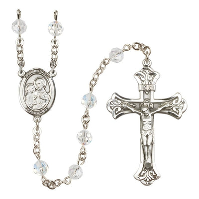 St. Joseph Rosary with Sterling Silver Scroll Crucifix and Centerpiece, Birthstone 6mm Austrian Crystal Clear Crystal Beads for April