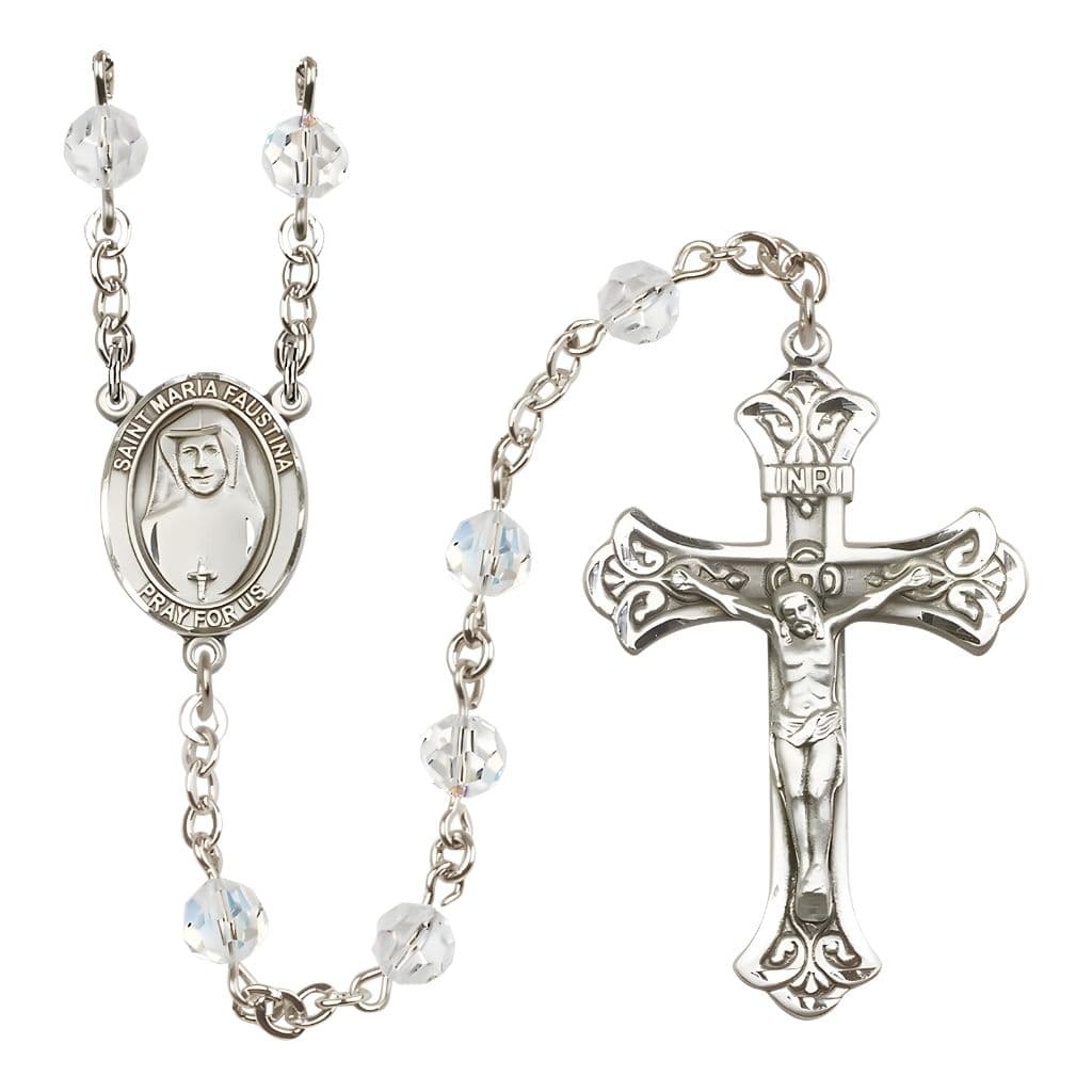 Bliss St. Maria Faustina 6mm Austrian Crystal Birthstone Sterling Silver Rosary in Clear,