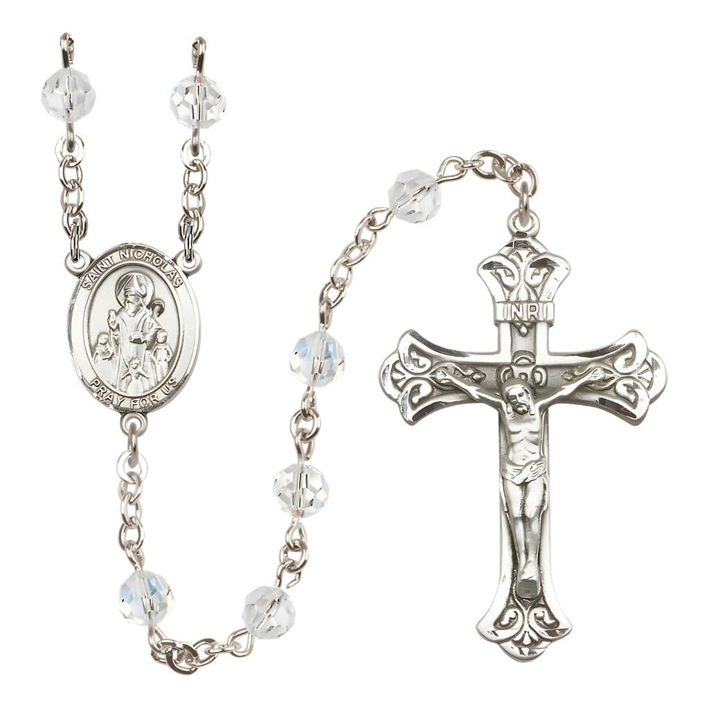 Bliss St. Nicholas Engravable Rosary with Sterling Silver Centerpiece and Scroll Design Crucifix, April Birthstone 6mm Clear Austrian Crystal Beads