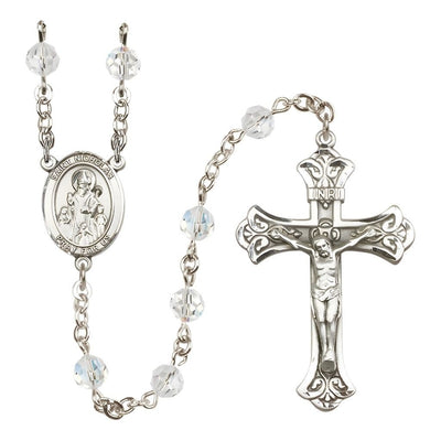 St. Nicholas Engravable Rosary with Sterling Silver Centerpiece and Scroll Design Crucifix, April Birthstone 6mm Clear Austrian Crystal Beads, Bliss Manufacturing