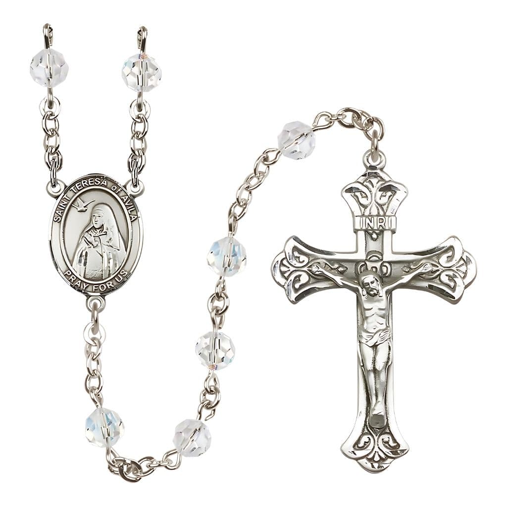 Bliss St. Teresa of Avila 6mm Clear Austrian Crystal Birthstone Sterling Silver Rosary
