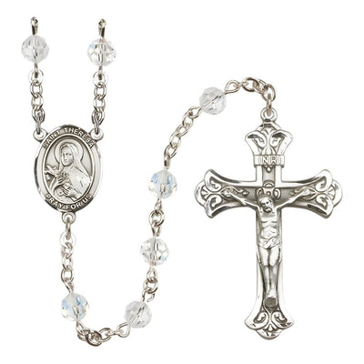 St. Theresa Clear 6mm Austrian Crystal April Birthstone Sterling Silver Rosary with Sterling Centerpiece and Scroll Design Crucifix, Bliss Manufacturing