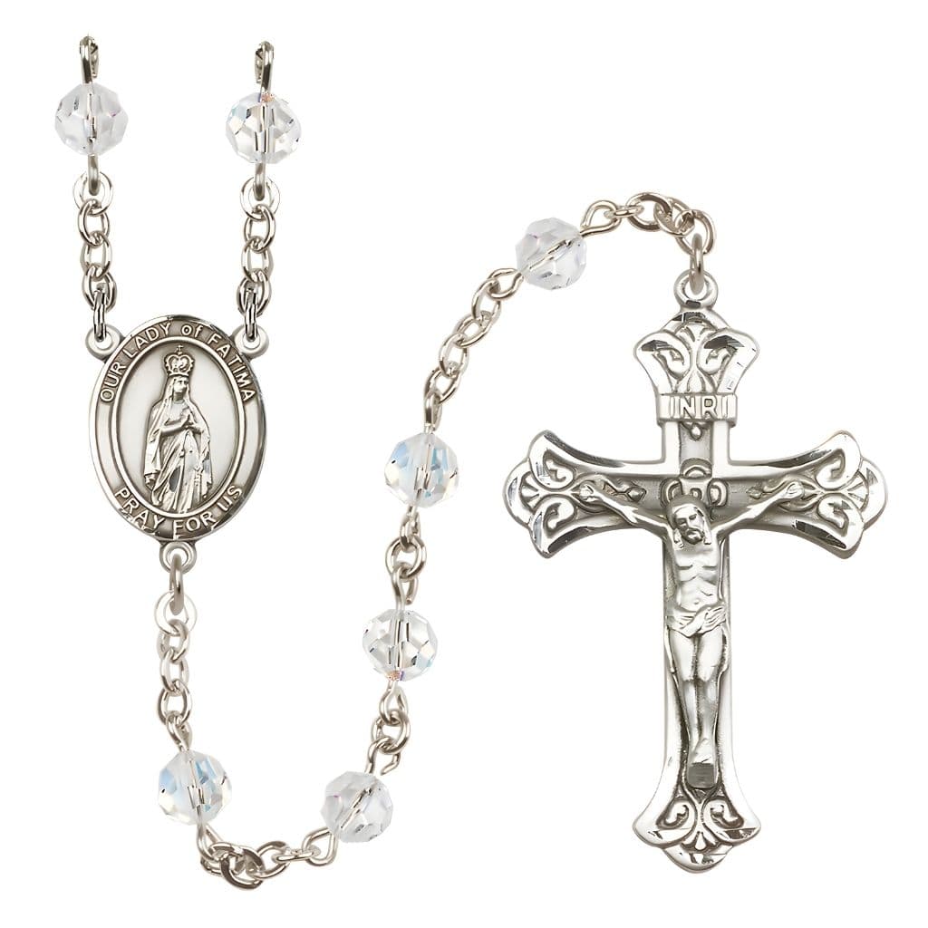 Bliss Our Lady of Fatima Engravable Rosary with Sterling Silver Crucifix and Centerpiece, Birthstone 6mm Austrian Crystal Clear Crystal Beads for April