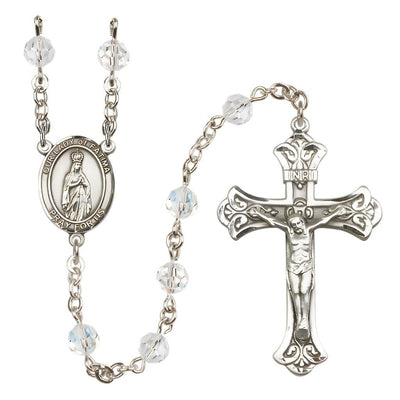 Our Lady of Fatima Engravable Rosary with Sterling Silver Crucifix and Centerpiece, Birthstone 6mm Austrian Crystal Clear Crystal Beads for April, Bliss Manufacturing