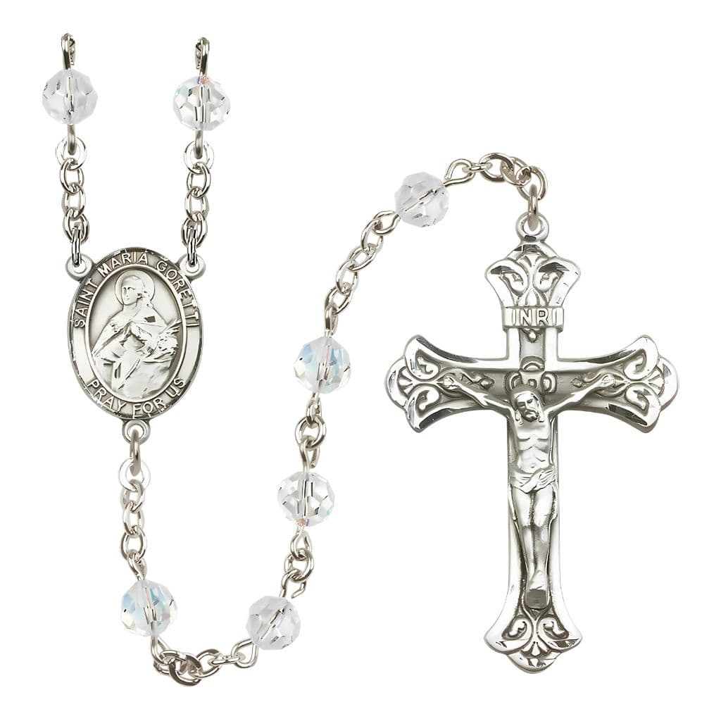 Bliss St. Maria Goretti Sterling Silver 6mm Austrian Crystal Rosary in Clear,