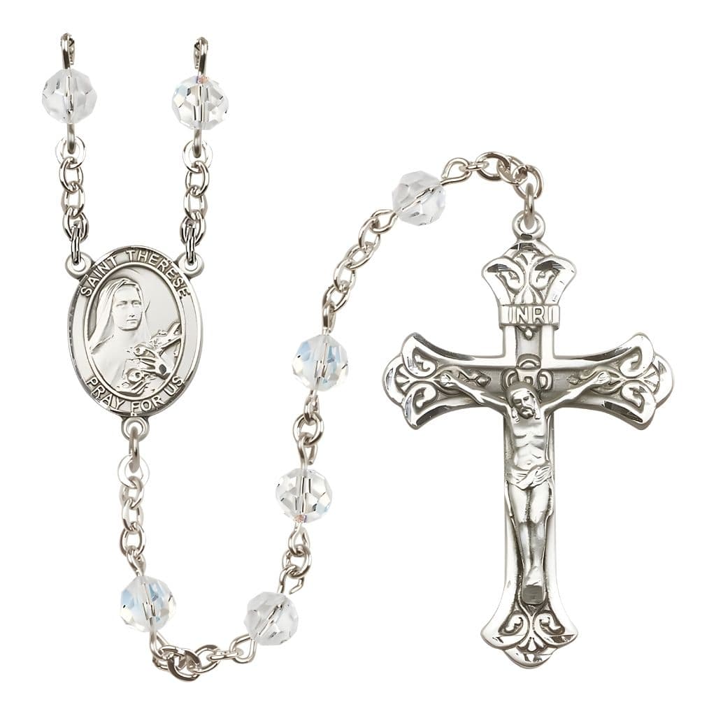 Bliss St. Therese of Lisieux Engravable Rosary with Sterling Silver Centerpiece and Scroll Design Crucifix, April Birthstone 6mm Clear Austrian Crystal Beads