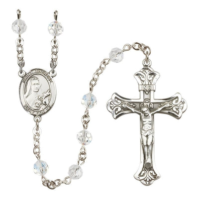St. Therese of Lisieux Engravable Rosary with Sterling Silver Centerpiece and Scroll Design Crucifix, April Birthstone 6mm Clear Austrian Crystal Beads, Bliss Manufacturing