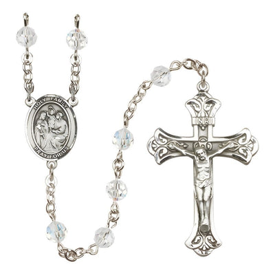 Holy Family Engravable Rosary with Sterling Silver Crucifix and Centerpiece, Birthstone 6mm Austrian Crystal Clear Crystal Beads for April, Bliss Manufacturing