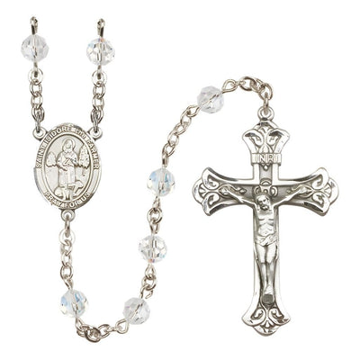 St. Isidore the Farmer Engravable Rosary with Sterling Silver Scroll Crucifix and Centerpiece, Birthstone 6mm Austrian Crystal Clear Crystal Beads for April, Bliss Manufacturing