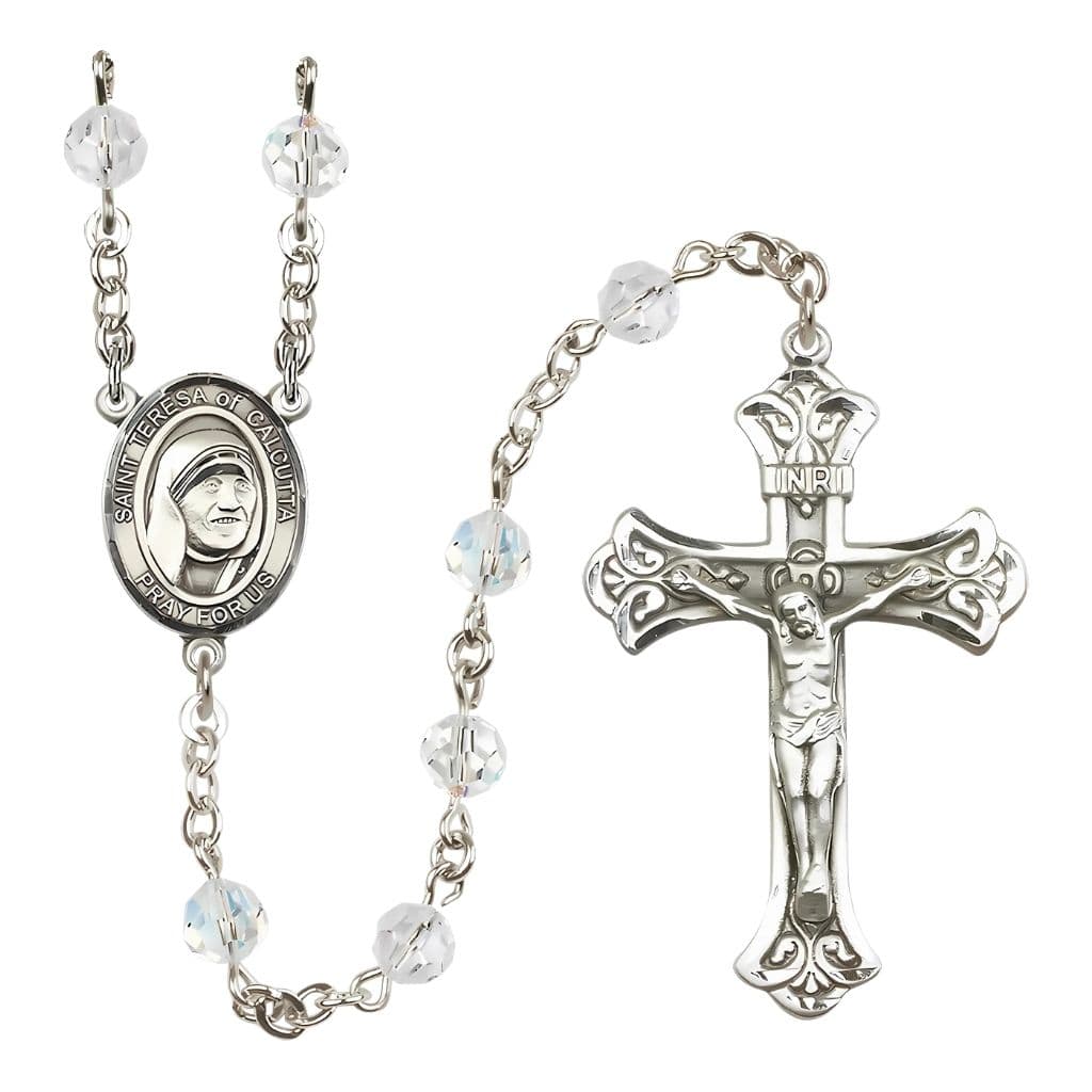 Bliss St. Teresa of Calcutta Sterling Silver Engraving Rosary, Birthstone Clear 6mm Austrian Crystal Beads