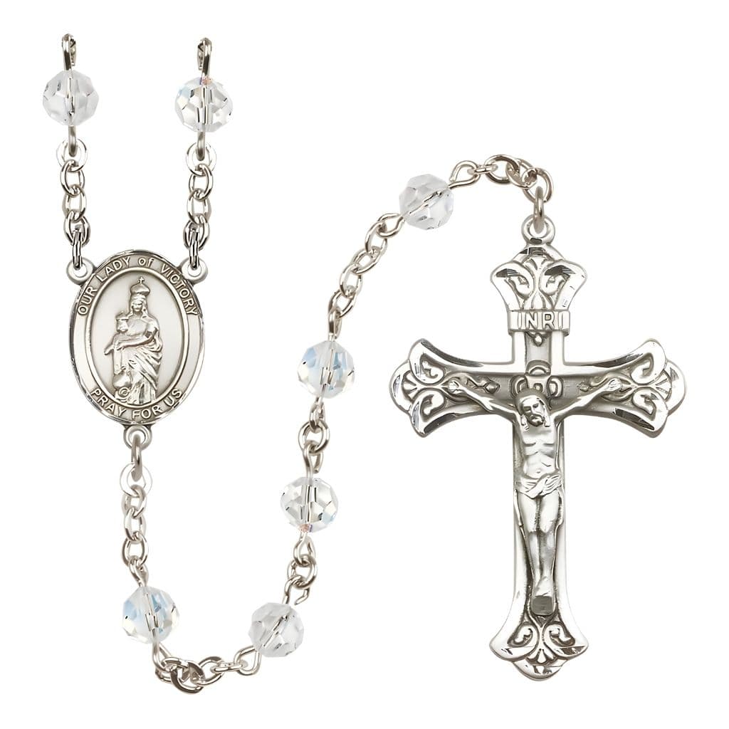 Bliss Our Lady of Victory Sterling Silver April Birthstone Clear 6mm Austrian Crystal Rosary