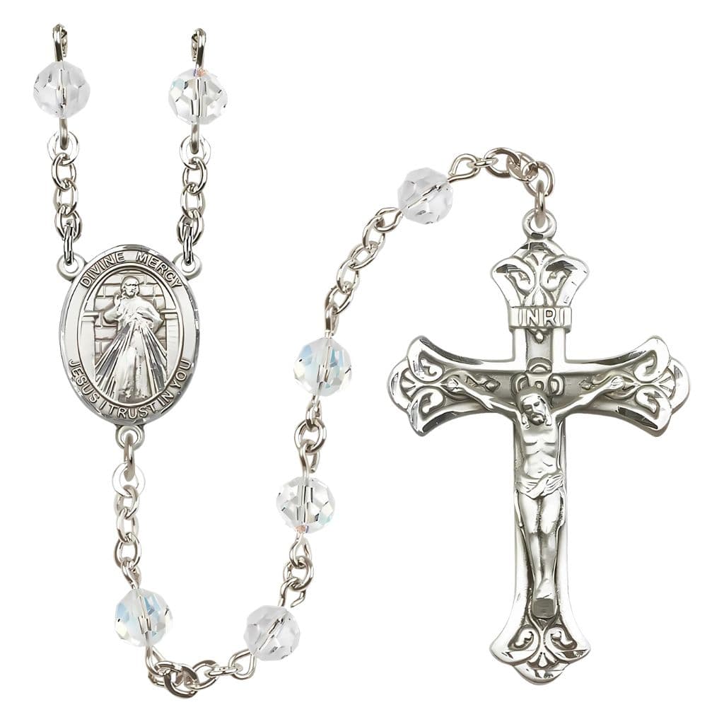 Bliss Jesus Divine Mercy Engravable Rosary with Sterling Silver Scroll Crucifix and Centerpiece, Birthstone 6mm Austrian Crystal Clear Crystal Beads for April