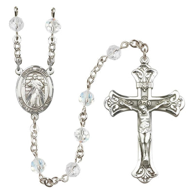 Jesus Divine Mercy Engravable Rosary with Sterling Silver Scroll Crucifix and Centerpiece, Birthstone 6mm Austrian Crystal Clear Crystal Beads for April, Bliss Manufacturing