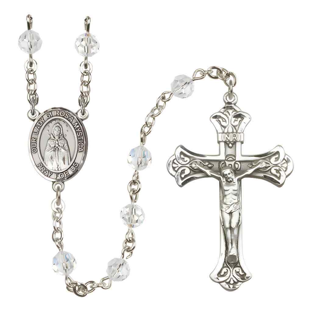 Our Lady of Rosa Mystica Rosary with Sterling Silver Scroll Crucifix and Centerpiece, Birthstone 6mm Austrian Crystal Clear Crystal Beads for April